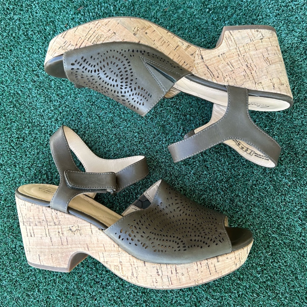 Clarks Artisan Maritsa Nila Leather Cork Wedge Platform Sandal Leather Green 8.5 - Picture 11 of 13